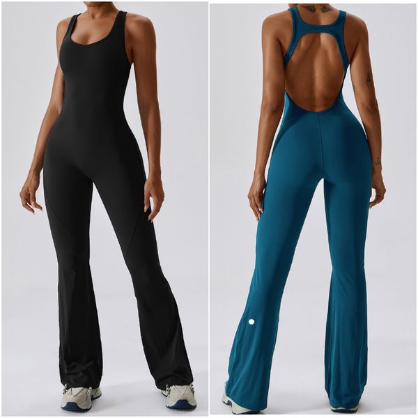 LL-8117 Tute da donna One Piece Abiti da yoga Pantaloni a zampa d'elefante Senza maniche Tuta da ballo attillata Pantaloni lunghi da esercizio Traspirante