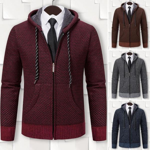 Suéter masculino com capuz jaqueta aconchegante cardigans com forro de pelúcia zíper bolsos para casual outono inverno malhas