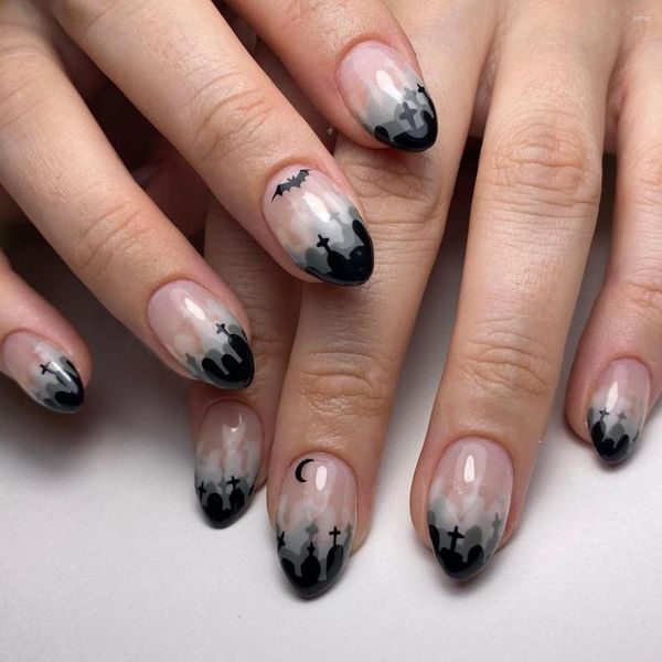 Unghie finte Halloween Wear Nail Art Stampa finta sulla testa rotonda Gradiente Fantasma Pipistrello scuro Disegni Punte di mandorla a copertura completa