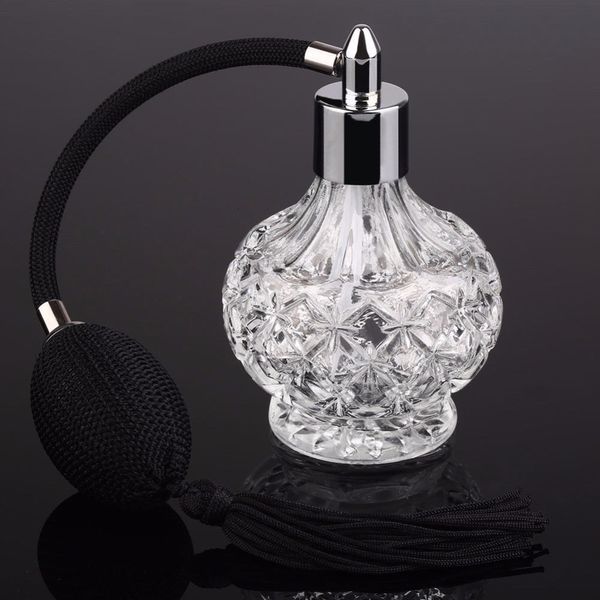 Garrafa de perfume vintage cristal perfume garrafa 80ml preto longo bulbo spray atomizador senhora mulheres presente recarga perfume garrafas vazias viagem atacado 230826