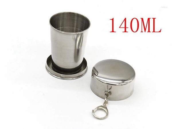 Tassen 200 teile/los 140 ml Falten Edelstahl Tassen Outdoor Versenkbare Wasser Tasse Mit Deckel Faltbare Camping Becher Geschirr