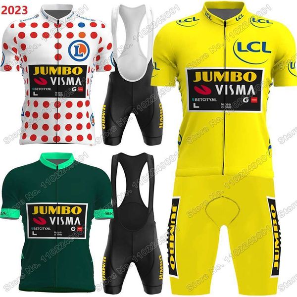 Radtrikot-Sets Jumbo VIsma Team Radtrikot Frankreich TDF Leader Set Gelb Grün Weiß Rot Polka Dot Fahrradbekleidung Herren Bike Shirt Anzug 230826