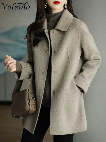 Laine des femmes mélanges manteau de laine mince mode bureau dame col carré simple boutonnage manteaux d'hiver pour les femmes taille large poche manteau noir 230827