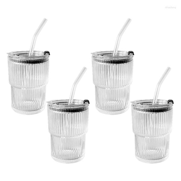 Bicchieri da vino 450 ml Bicchiere da caffè a righe semplici Bolla trasparente Tazza da tè al latte Succo mattutino con coperchio e cannuccia