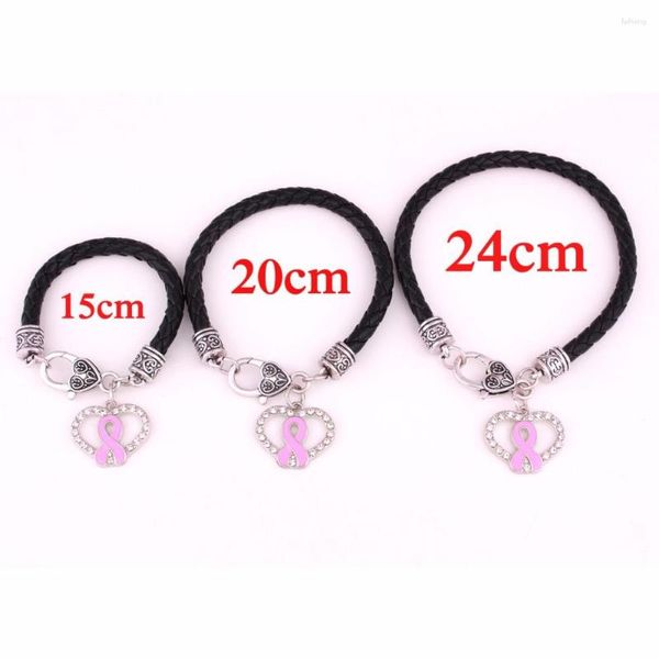 Braccialetti con ciondoli Consapevolezza del cancro al seno In lega di zinco Nastro smaltato rosa Fiocco Ciondolo a cuore in cristallo con catena in pelle da 7,8