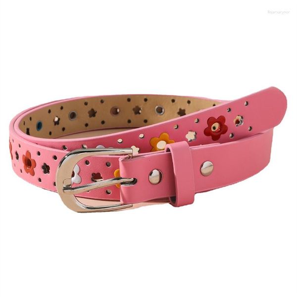 Cinture Cintura per bambini con fiore cavo Cintura per bambini con fibbia color argento carino Cintura in pelle PU Accessorio di abbigliamento floreale colorato