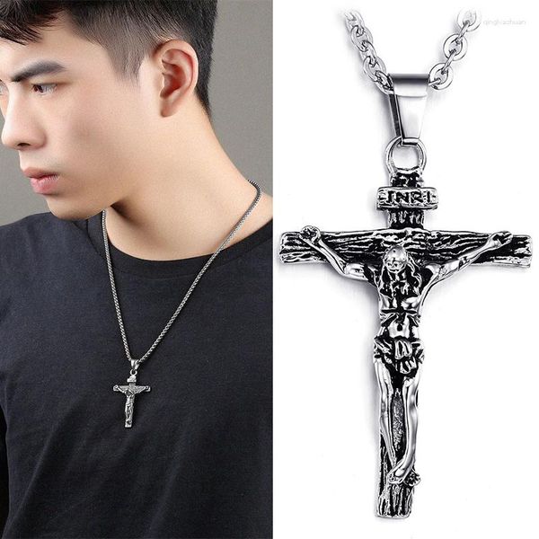 Correntes moda cruz colar de aço inoxidável com jesus cristo crucifixo pingente para homens masculino gargantilha corrente amuleto jóias cristãs