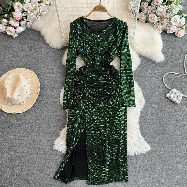 Abiti casual Banchetto da sera Abito lungo con paillettes Donna Moda femminile Manica con scollo a V Vita stretta Midi Rosso Verde Diviso Scintillante