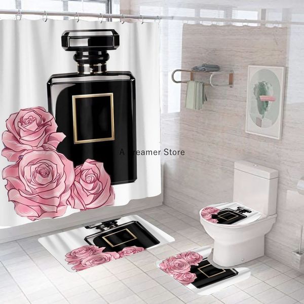 Duş Perdeleri Kozmetik Parfüm ve Çiçek 3D Duş Perdesi 4pcs Set Özel Kancalar Basılı Dekor Banyo Su geçirmez Kapak Ekranı 230826