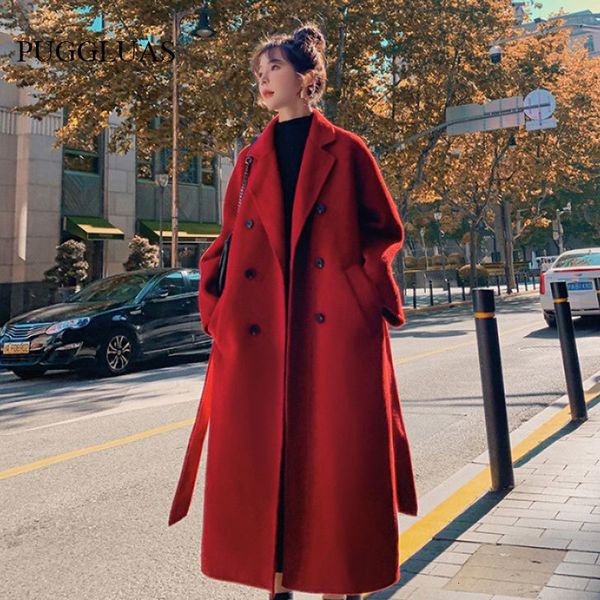 Damen-Wollmischungen, Winter-Trenchcoat für Damen, elegante Mode, koreanischer lässiger dicker Wollmantel, rote Schnür-Langjacke, schwarzer Damenmantel mit Blet 230827