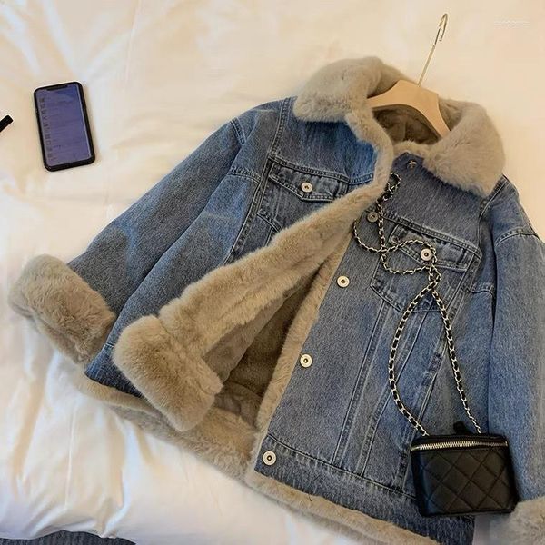 Kadınlar trençkotları kuzu yünü jean ceket kadınlar için sonbahar kış retro rahat bf peluş kalın stil denim ceketin üstesinden gelmek