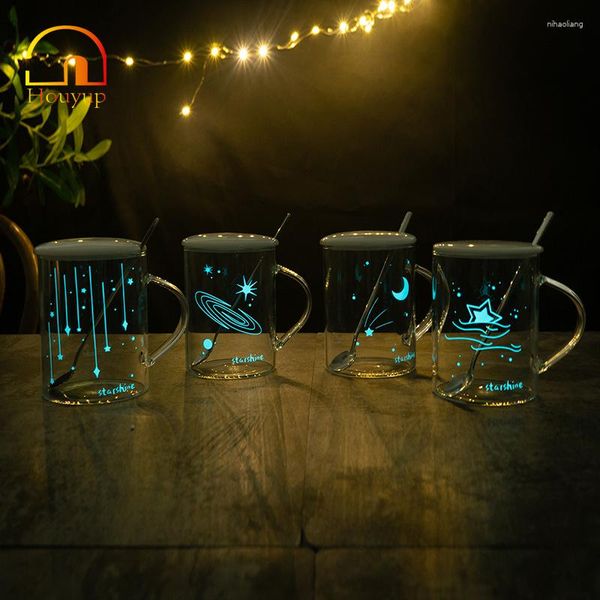 Weingläser Kreative Nacht Leuchtende Sternenhimmel Glas Tasse Paar Kaffeetasse Licht Verfärbung Shinning Pyrex Wasser Mit Deckel Löffel