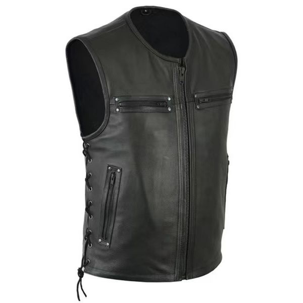 Männer Westen 2023 Einfarbig Herren Weste Motorrad Stehkragen PU Leder Jacken Team Punk Sleeve Tops Männlich Große Größe 5XL 230826