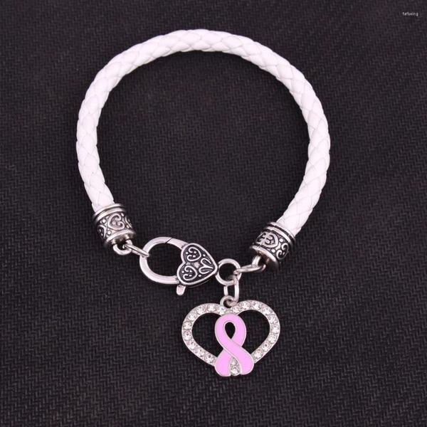 Braccialetti con ciondoli Consapevolezza del cancro al seno Nastro smaltato rosa Fiocco Ciondolo a cuore in cristallo con catena in pura pelle bianca da 7,8