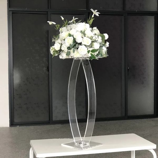 Yeni tasarım berrak kristal çiçek standı lüks düğün dekoru malzemeleri uzun masa merkezinde çiçek standı