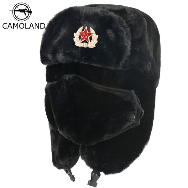 Berretti con teschio/teschio CAMOLAND Esercito sovietico Distintivo militare Cappello bomber Uomo Donna Russia Colbacco Colbacco Cappelli in finta pelliccia di coniglio Paraorecchie Cappelli da neve Cappelli da trapper 230826