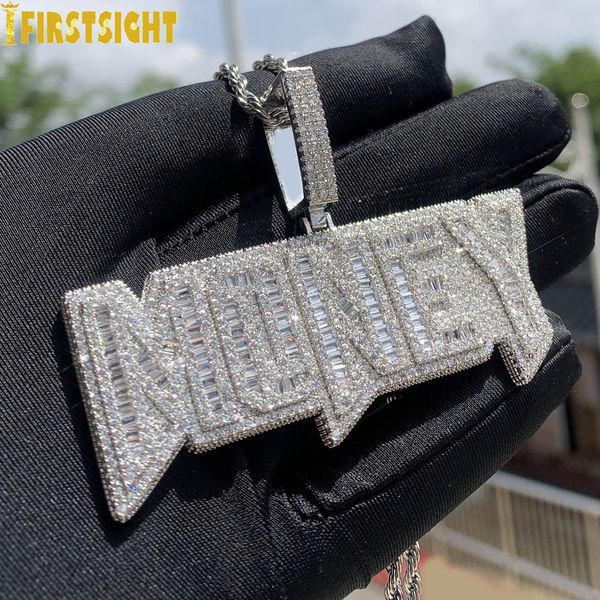 Colares Pingente Iced Out Bling Letras Dinheiro Pingente Colar Ouro Prata Cor Retângulo CZ Zircon Charme Homens Mulheres Hip Hop Jóias 230826