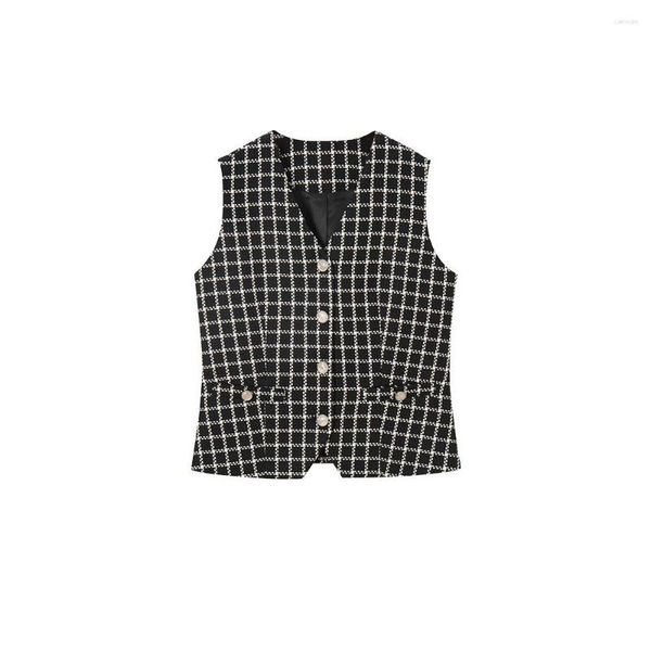 Gilet da donna Autunno 23 Gilet Moderno stile scozzese in acido acetico in bianco e nero può essere indossato singolo o piegato 15412