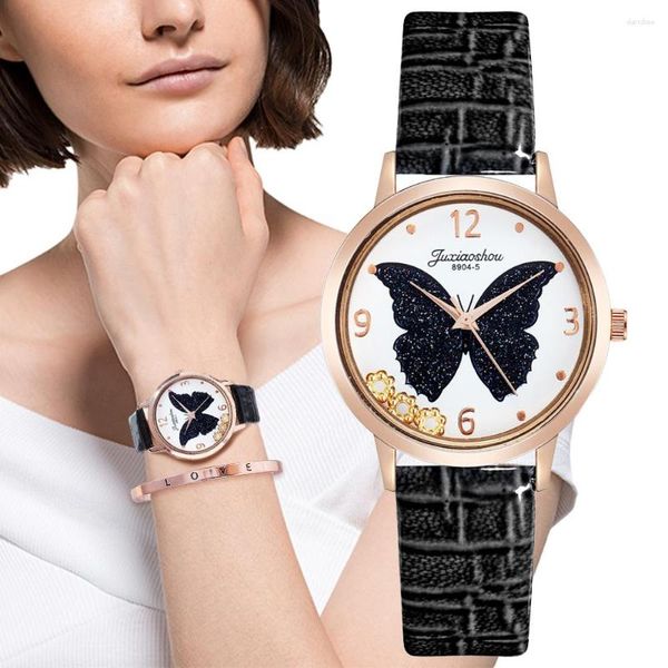 Нарученные часы модные женщины Quartz Watch Luxury Double остекление хрустальная бабочка Womenwatches изысканный кожаный ремешок с мадами