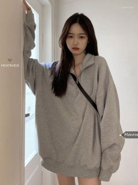 Kadın Hoodies Kore Moda Gri Büyük Boyu Sweatshirts Kadın Harajuku Zip Hoodie Vintage Gevşek Sıradan Polo Yakası Külot Tops