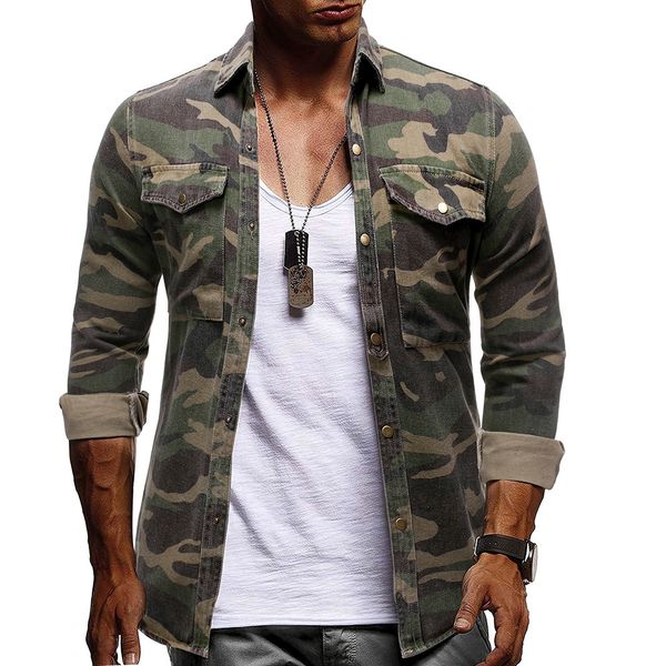 Männer Kleid Hemden Camouflage Casual Denim Langarm Outdoor Tragen Revers Knopf Streetwear Armee Grün Baumwolle Männliche Bluse 230826