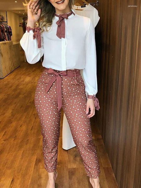 Frauen Zweiteilige Hosen Fitshinling Polka Dot Elegante Outfits Für Frauen Shirts 2 Sets 2023 Frühling Fliege Schlank Passenden anzüge Weibliche