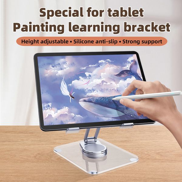 Tablet PC Stands Dobrável Tablet Suporte de acrílico transparente Suporte de rotação de 360 ° Suporte de resfriamento oco Suporte de liga de alumínio Mesa para montagem em iPad 230826