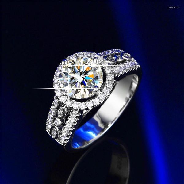 Anéis de casamento grandes corte redondo pedra noivado branco zircão luxo cristal bandas anel para mulheres na moda cor prata jóias de noiva