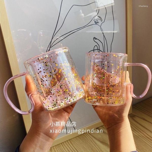 Bicchieri da vino Ragazza Cuore Bolla Cielo stellato Tazza Stella Paillettes Manico in vetro a doppia parete Tazza da caffè carina Kawaii con latte resistente al calore