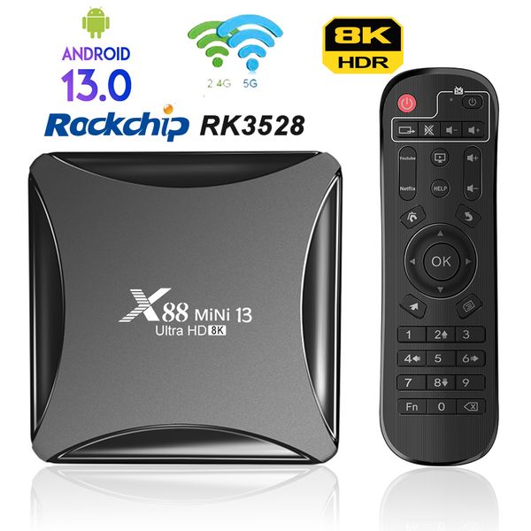 Set Top Box X88mini 13 Smart TV Box Rockchip3528 Android 13 8K Decodificação Media Player 4GB 64GB 100M Ethernet Set Top Box Google Voice 230826