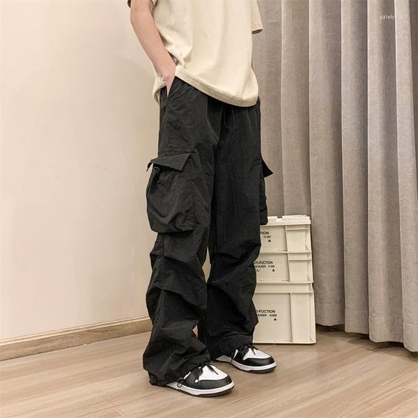 Calças masculinas carga homens moda bolso casual estilo coreano hip hop solto mulher reta calças streetwear