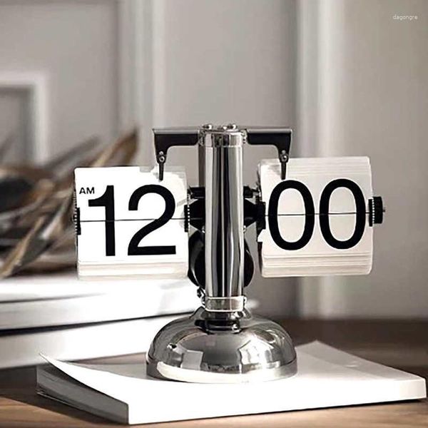Relógios de mesa retro digital flip down relógio aço minimalista único pé mecânico mesa automática para decoração de escritório em casa