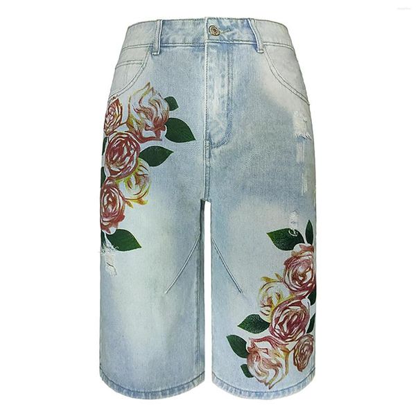 Jeans femininos mulheres retro solto tubo reto literário impresso cinco pontos mod mãe alta jean calças para denim boot corte