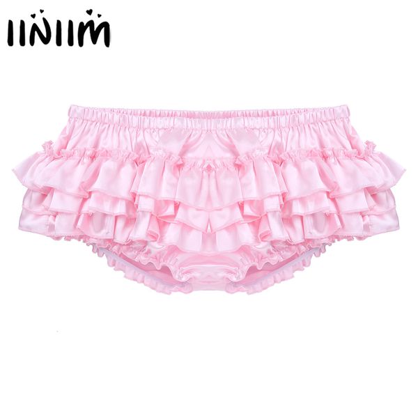 Cuecas Sissy Contornada Calcinha Gay para Mens Lingerie Noite Brilhante Cetim Ruffled Bloomer Tiered Sexy Briefs Bikini Underwear 230826