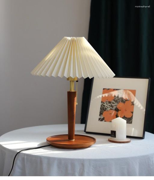 Tischlampen Plissee Retro Lampe Nordic Messing Wohnzimmer Schlafzimmer Massivholz Dekorativ