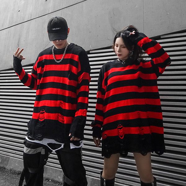 Suéter dos homens Homens preto vermelho listrado punk suéter com buracos hip hop oversized malhas mulheres casal harajuku vintage pulôver jersey hombre 230826