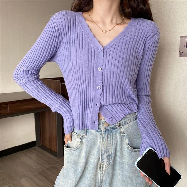 Malhas femininas cardigans único breasted com nervuras topos malhas blusa feminina casual decote em v outerwear roxo camiseta y2k