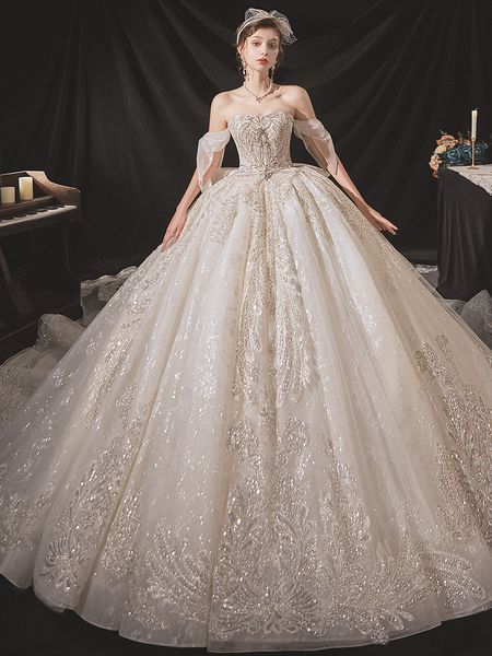 Abito da sposa lucido di lusso con perline di cristallo con spalle scoperte Manica lunga Africa Abiti da sposa con grande fiocco Treno staccabile vestido de noiva Abiti da sposa di cristallo di lusso