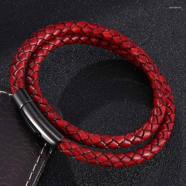 Charm Armbänder Trendy Männer Frauen Rot Echtes Leder Geflochtenes Armband Punk Mode Stahl Schnalle Armband Geschenk FR0488