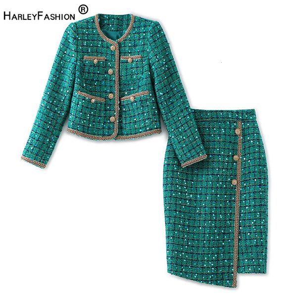 Zweiteiliges Kleid, französisch, romantisch, elegant, für Damen, Herbst, dicker gewebter Stoff, Bling-Pailletten, Vintage-Smaragd-Tweed-Jacken, zweiteilige Rock-Sets 230827