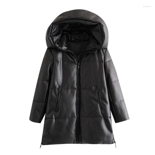 Mulheres Trench Coats Mulheres Moda Inverno Grosso Quente Falso Couro Parkas Vintage Com Capuz Manga Longa Acolchoada Jaqueta Feminina Chic Overcoat