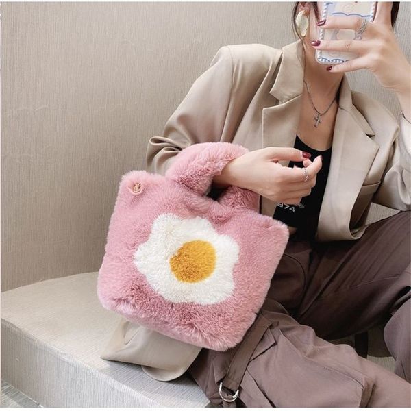 Sacos de noite Soft Faux Fur Mulheres Saco Frito Ovo Imprime Bolsas Pequeno Saco Tote Saco De Compras De Pelúcia Dos Desenhos Animados Sacos De Embreagem De Inverno Corrente De Metal 230826