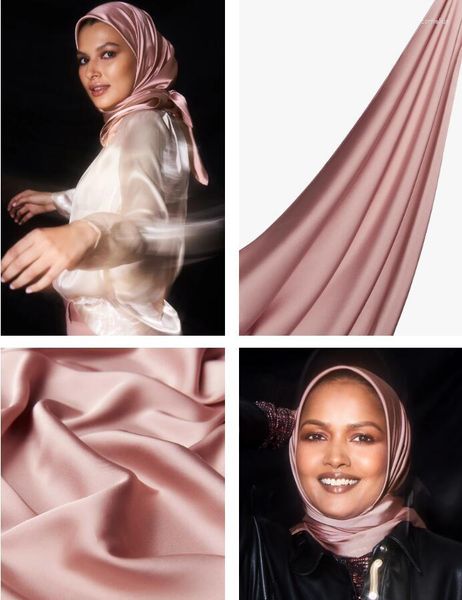 Roupas étnicas Premium Cetim Sensação de Seda Hijab Muçulmano Xales Cor Sólida Cachecol Bandana Lenço Islâmico Echarpe Foulard Femme