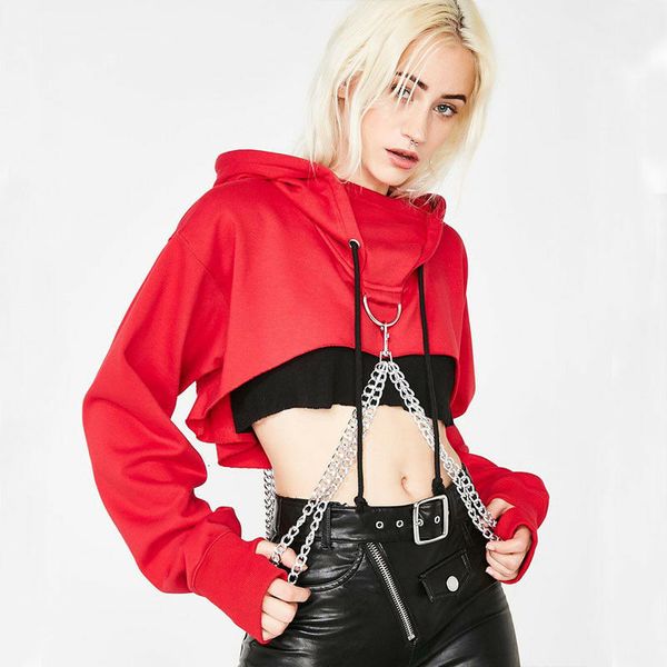 Mulheres Hoodies Moletons Retro Mulheres Hoodies Sexy Gothic Punk Chain Crop Top Com Capuz Pulôver Hoody Jumper Cosplay Tops Plus Size Casual Moletons 230826