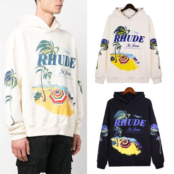 Rhude Coconut Tree Logo Lettera stampata maglione a maniche lunghe Felpa con cappuccio firmata Felpa con cappuccio High Street da uomo e da donna