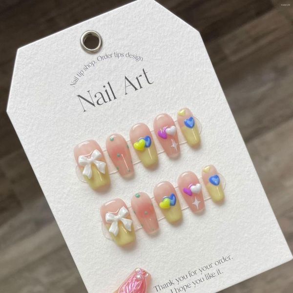 Unhas falsas doces cores artesanais imprensa em unhas com strass bailarina profissional wearable coreano falso para menina bowknot arte