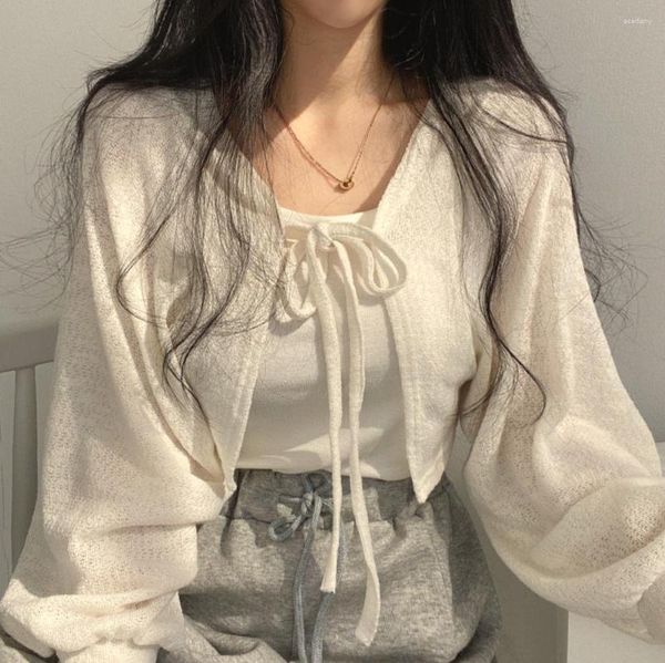 Frauen Strick Dünne Weiße Bandage Laterne Hülse Kurzen Mantel Pull Femme Strickwaren Top Mädchen Koreanischen Stil Casual T Shirt