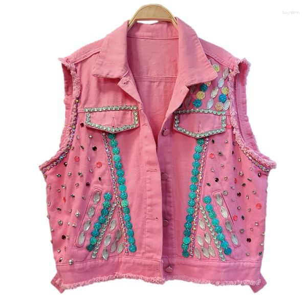 Coletes femininas Beading Diamantes Denim Colete Mulheres Moda Solta Curto Cowboy Colete Hem Desfiado Branco Rosa Sem Mangas Jeans Casaco Casaco