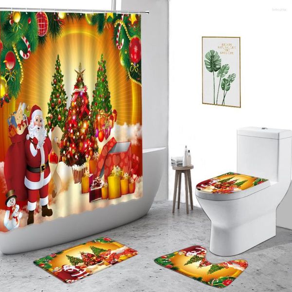 Duschvorhänge, 4-teiliges Vorhang-Set, Frohe Weihnachten, Weihnachtsmann, Sowman-Jahr, Badezimmer-Dekor, rutschfeste Teppiche, WC-Deckelbezug, Badematten