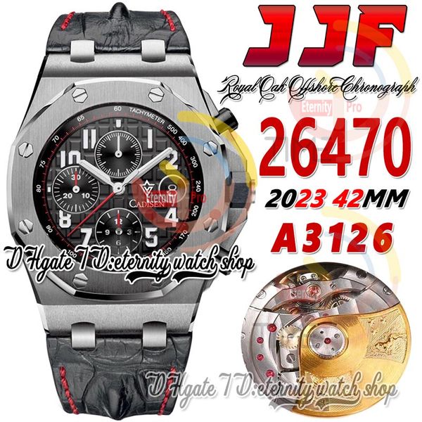 JJF 2647 Vampire A3126 Cronografo automatico da uomo Cassa in acciaio da 42 mm Quadrante nero con texture Indici numerici Cinturino in pelle Linea rossa Super Edition Orologio da polso eterno